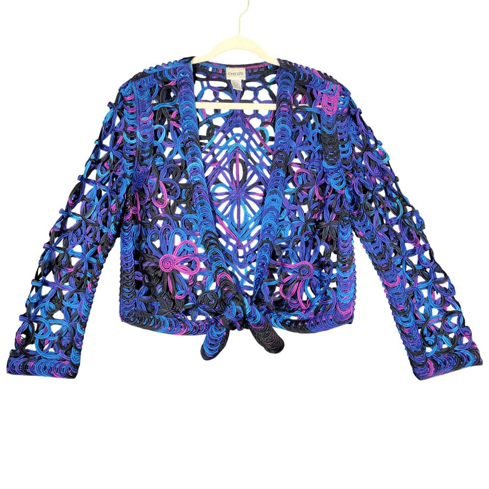 CHICOS Blue Silk Floral Woven Ribbon Tie Front Bolero Jacket SIZE 1 US MEDIUM 8
